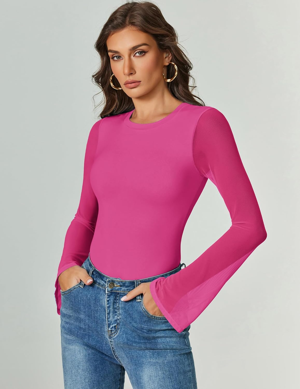 Bell Long Sleeve Bodysuits Mesh Leotard Tops Rose Red Shaperwear-bodysuit - Tophatter Daily Deals