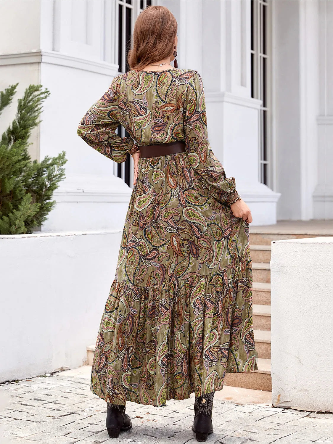 Printed Tie Neck Ruffle Hem Long Sleeve Dress Casual Dresses - Tophatter Daily Deals