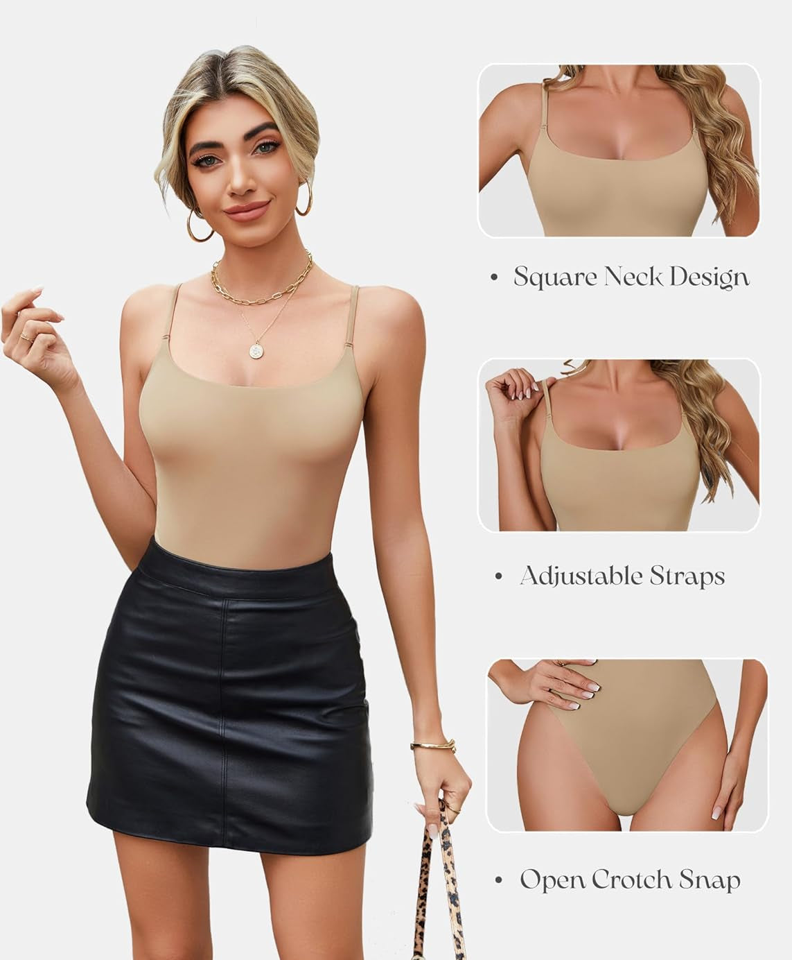 Square Neck Caim Bodysuit Khaki Shaperwear-bodysuit - Tophatter Daily Deals