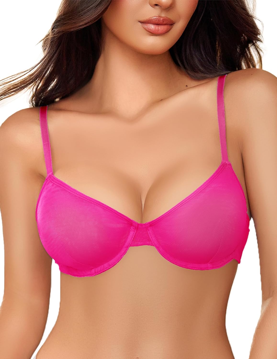 Sheer Mesh Unlined Underwire Bra Rose Red Lingerie Sets-Bras - Tophatter Daily Deals