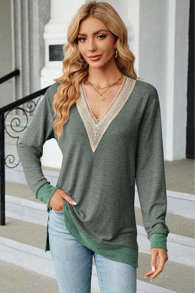 Slit V-Neck Long Sleeve T-Shirt Moss Women's T-Shirts - Tophatter Daily Deals