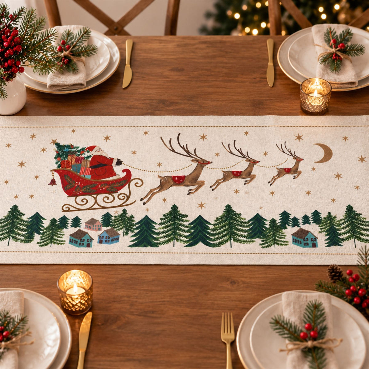 Santa's Sleigh Christmas Table Runner, Gisela Graham Festive Fabric 140cm x 40cm Table Runner - Tophatter Daily Deals