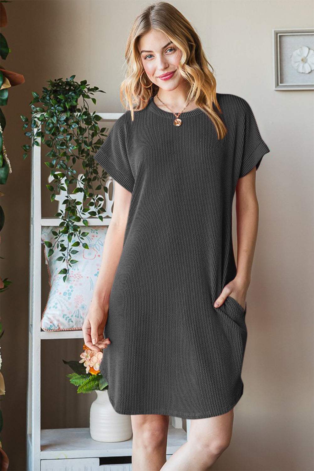 Heimish Full Size Ribbed Round Neck Short Sleeve Tee Dress Casual Dresses - Tophatter Daily Deals