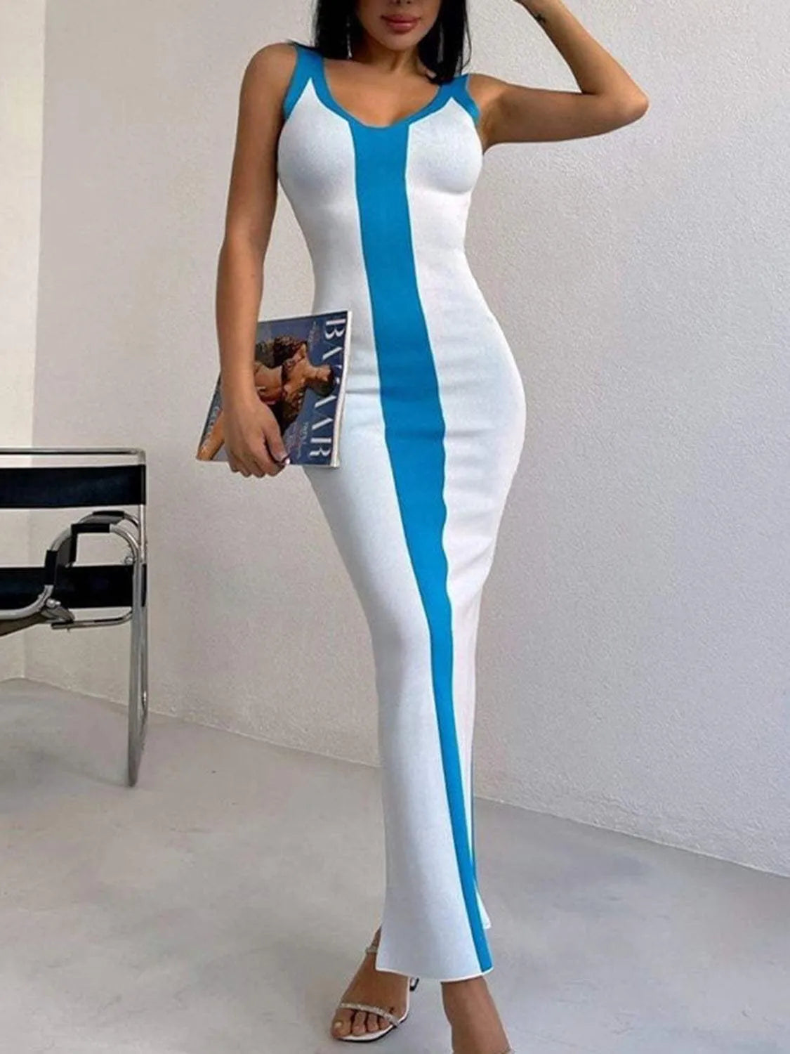 Contrast Wide Strap Slit Midi Dress White Casual Dresses - Tophatter Daily Deals