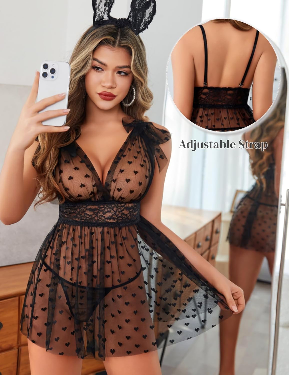 Sheer Mesh Lace Babydoll V Neck Nighty Lingerie-Babydolls - Tophatter Daily Deals