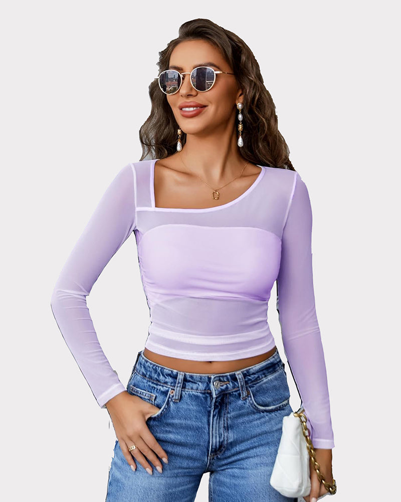 Asymmetrical Neck Sheer Crop Top Lilac Lingeries-Crop tops - Tophatter Daily Deals