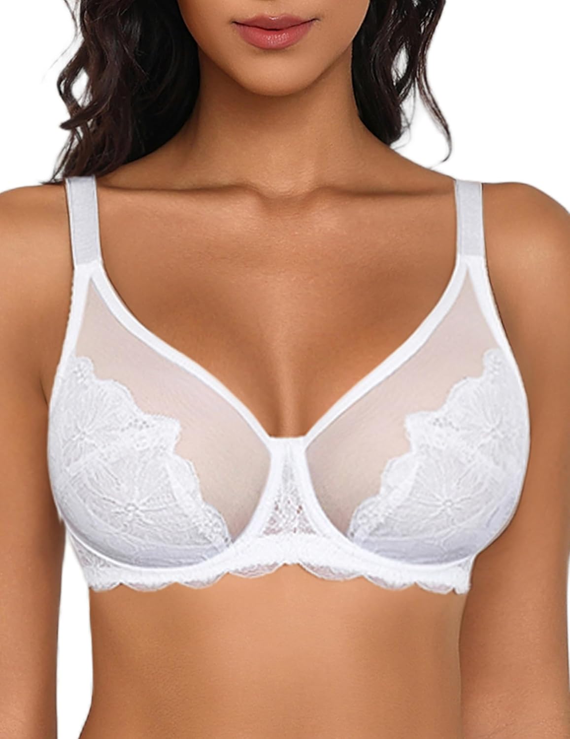 Lace Minimizer Bra Full Coverage Mesh Bra White Lingerie Sets-Bras - Tophatter Daily Deals