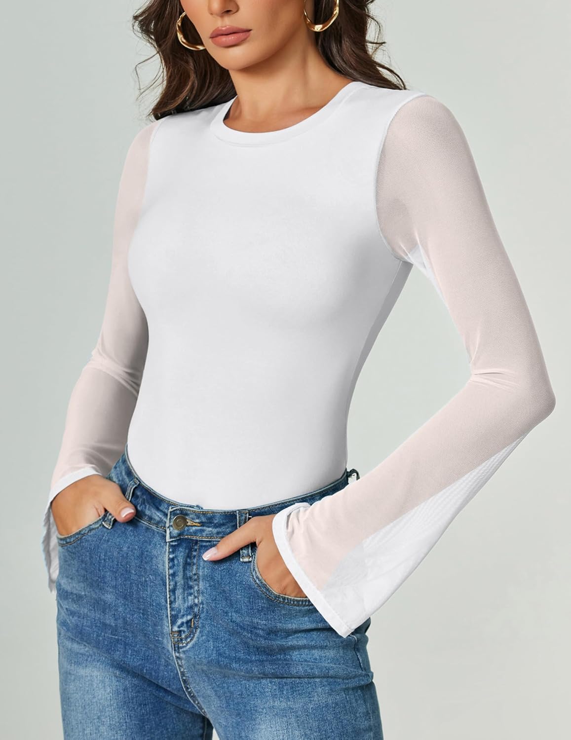 Bell Long Sleeve Bodysuits Mesh Leotard Tops White Shaperwear-bodysuit - Tophatter Daily Deals