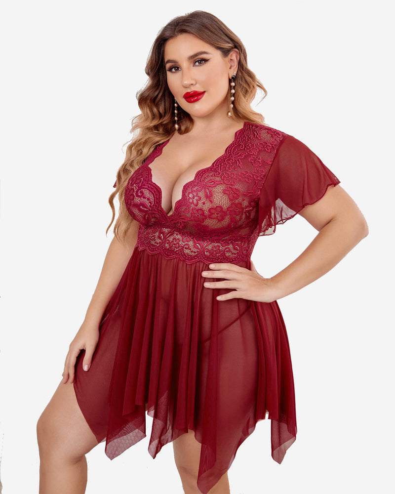 Plus Size Floral Lace Lingerie Dark Red Lingerie Sets-Plus size - Tophatter Daily Deals