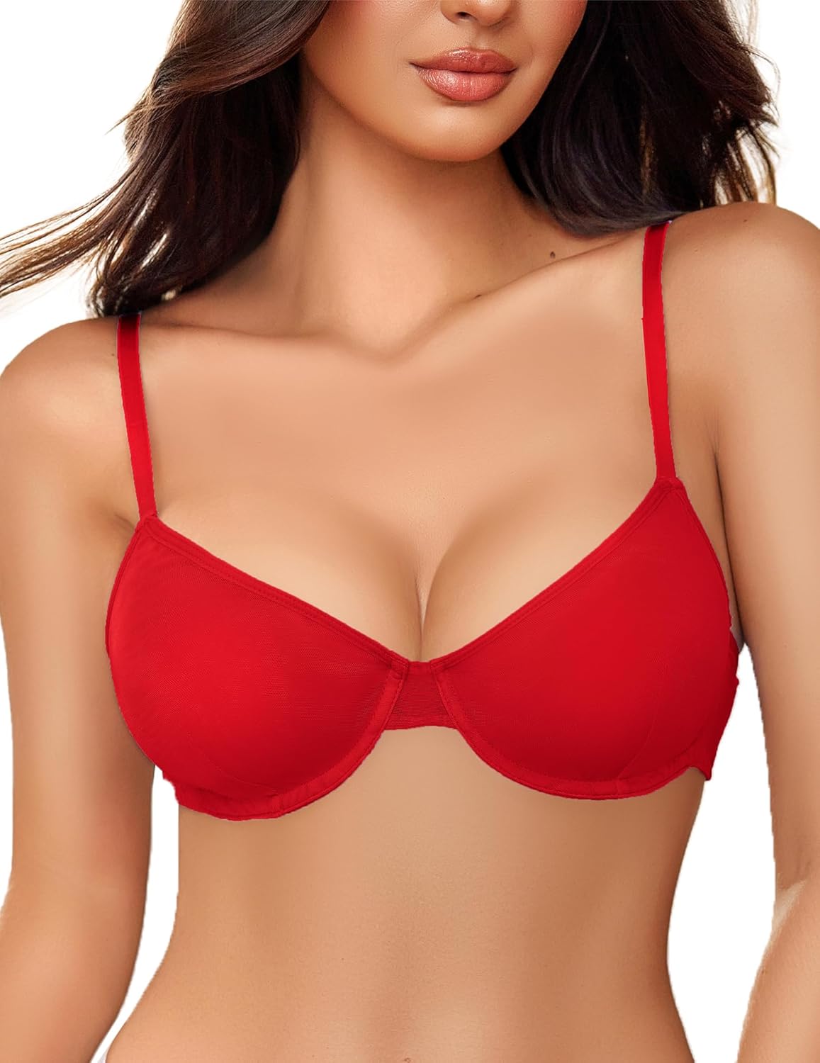 Sheer Mesh Unlined Underwire Bra Red Lingerie Sets-Bras - Tophatter Daily Deals