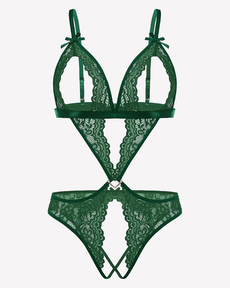 Lace Deep V Teddy Bodysuit Green Lingeries-Bodysuits - Tophatter Daily Deals