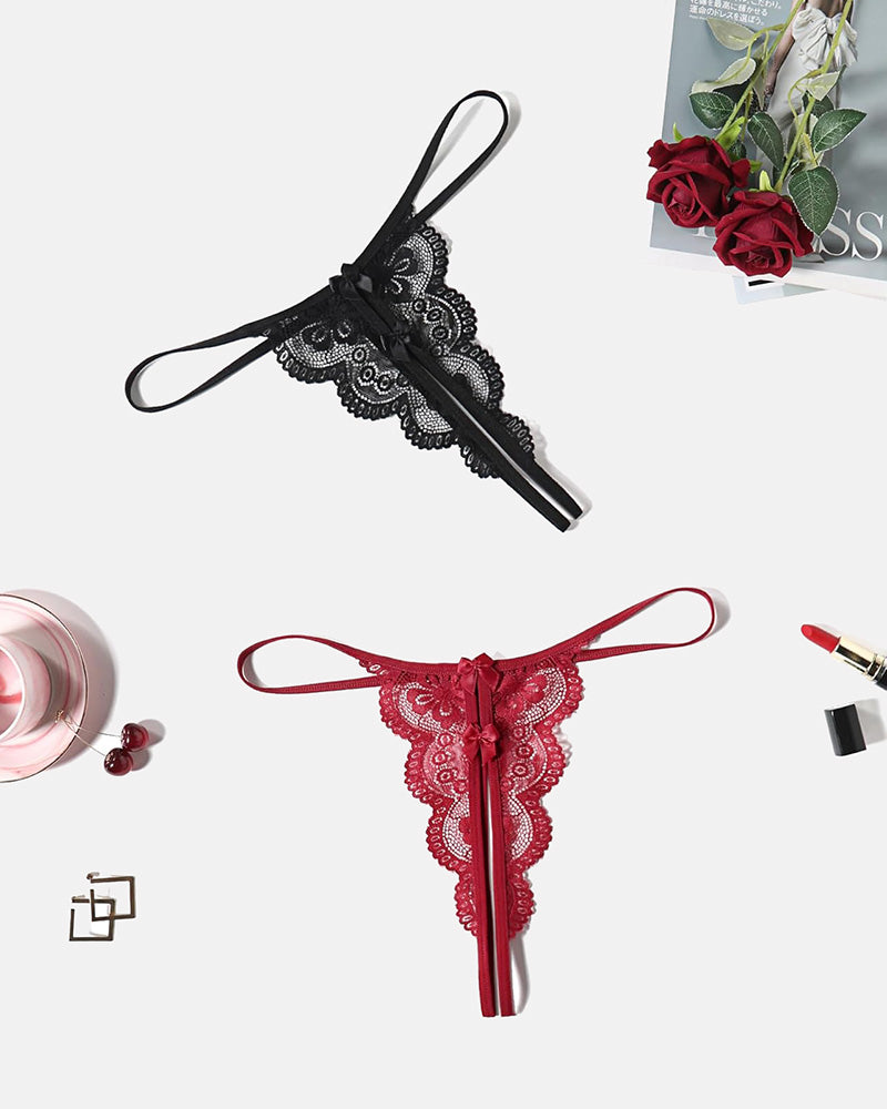 Lace Thongs Low Rise Bow Panties Black+Dark Red Lingeries-panties - Tophatter Daily Deals