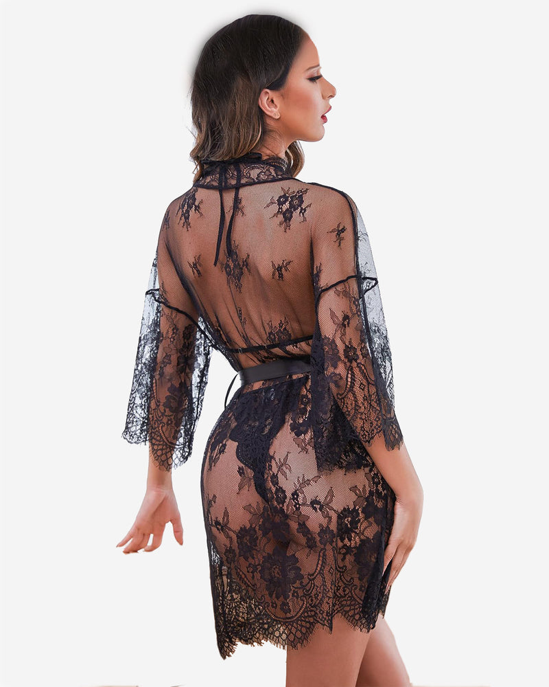 2 Piece Set Lace Robe with Teddy (DE Only) Sleepwears-Robes - Tophatter Daily Deals