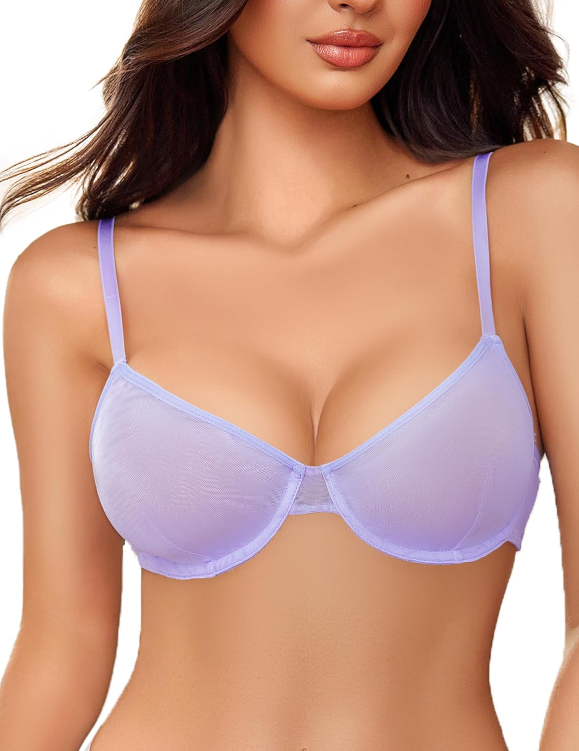 Sheer Mesh Unlined Underwire Bra Light Purple Lingerie Sets-Bras - Tophatter Daily Deals