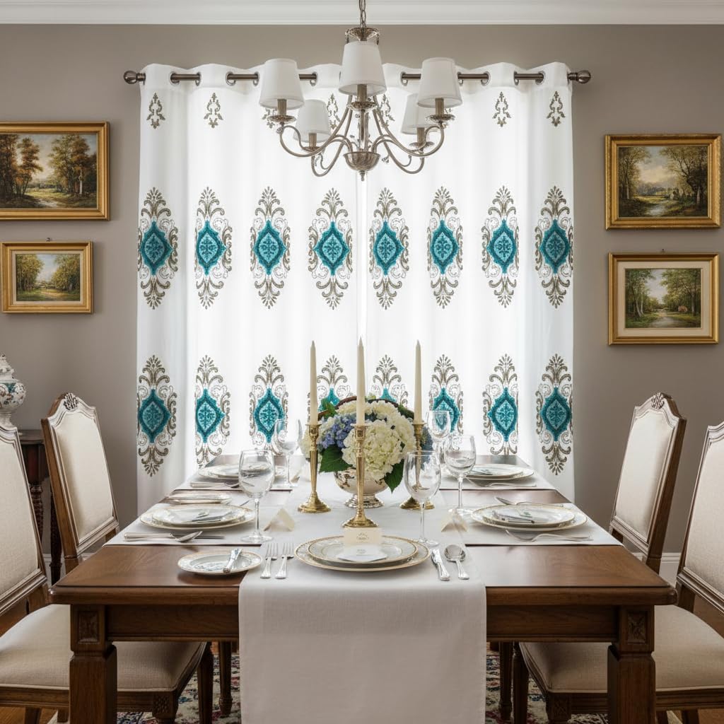Embroidered Medallion Curtain Set – 2 Panel Window Drapes with Attached Backing & Matching Valance Furniture & Decor - Tophatter Daily Deals
