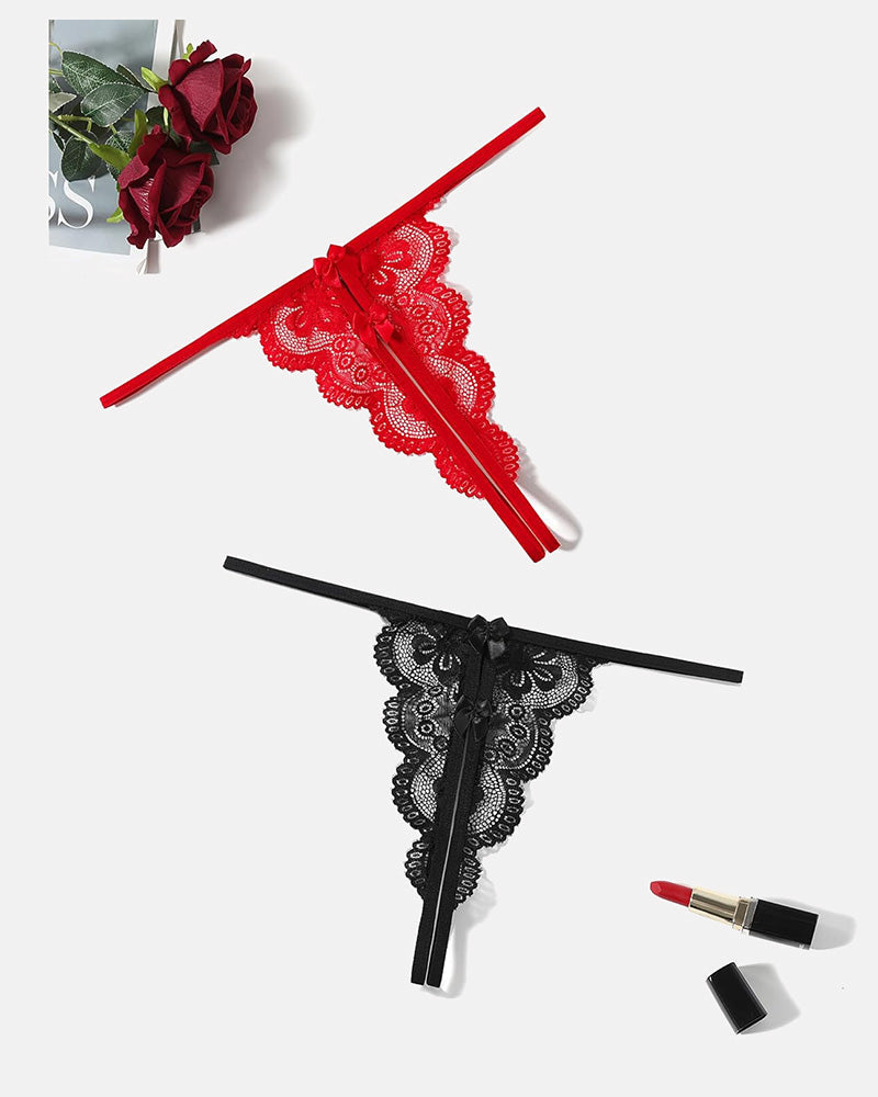 Lace Thongs Low Rise Bow Panties Black+Red Lingeries-panties - Tophatter Daily Deals