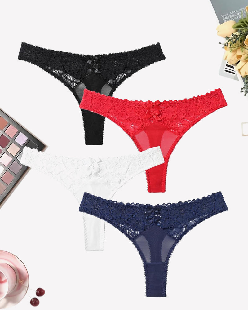 Mesh Lace Thongs Low Waist Panties 4packs:black White Red Navy Blue Lingeries-panties - Tophatter Daily Deals