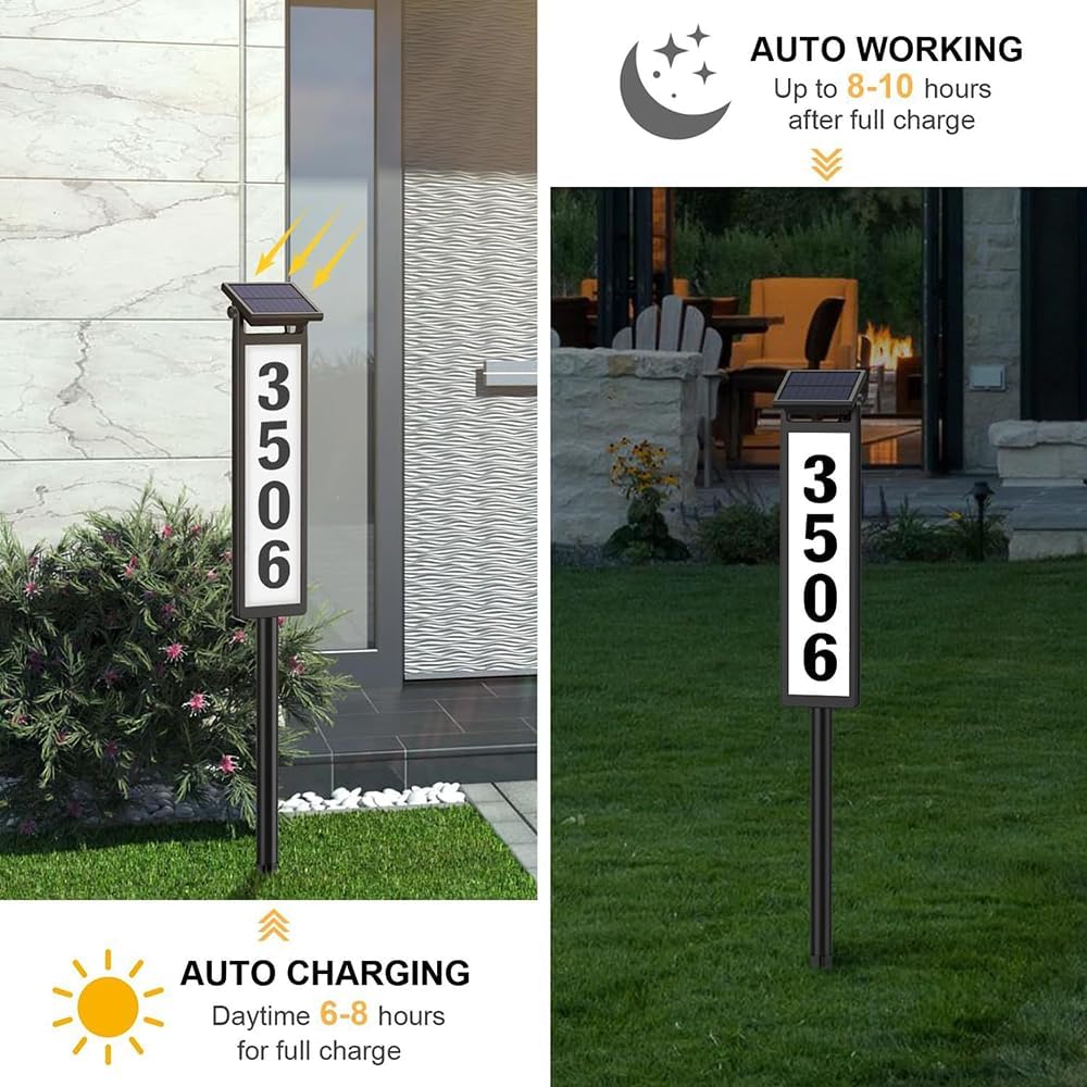 Solar Lighted House Address Sign – LED Illuminated Outdoor Plaque with Ground Stake for Yard, Garden & Home Outdoor Lighting - Tophatter Daily Deals