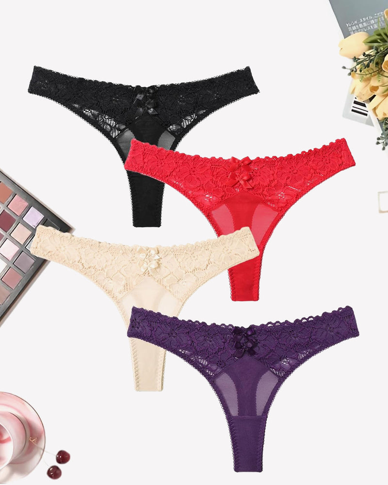 Mesh Lace Thongs Low Waist Panties 4packs:black Champagne Red Bright Purple Lingeries-panties - Tophatter Daily Deals