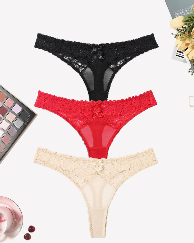 Mesh Lace Thongs Low Waist Panties 3packs:black Red Champagne Lingeries-panties - Tophatter Daily Deals