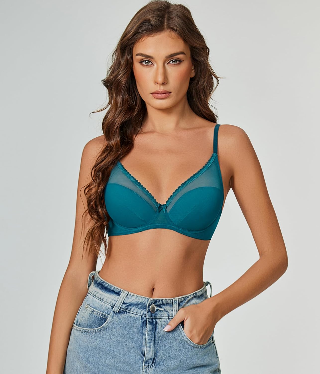 Mesh Underwire Bras Full Coverage Bra Peacock Blue Lingerie Sets-Bras - Tophatter Daily Deals