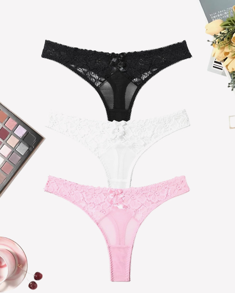 Mesh Lace Thongs Low Waist Panties 3packs:black White Pink Lingeries-panties - Tophatter Daily Deals