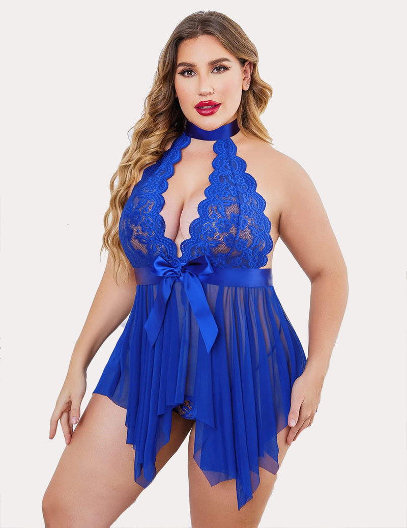 Plus Size Babydoll Teddy Royal Blue Lingerie Sets-Plus size - Tophatter Daily Deals