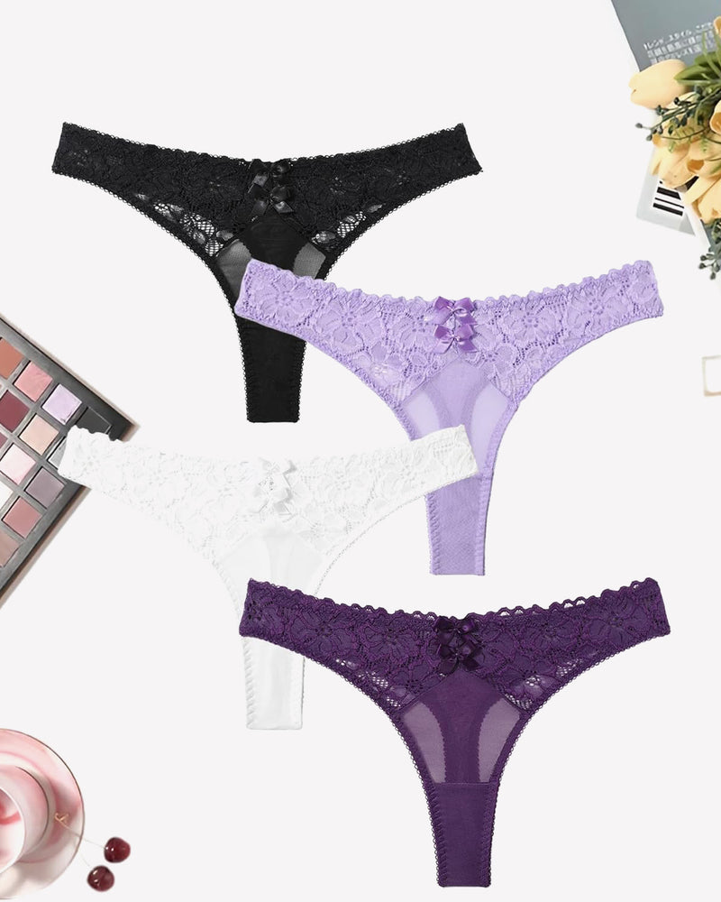 Mesh Lace Thongs Low Waist Panties 4packs:black Bright Purple Lilac White Lingeries-panties - Tophatter Daily Deals
