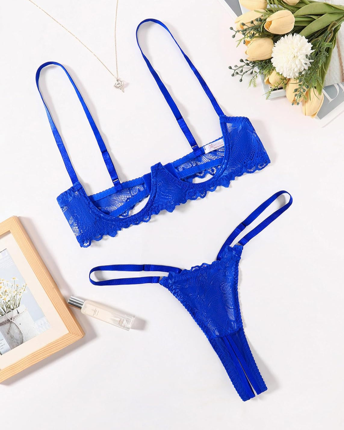 Lace Bra and Panty Underwire Lingerie Set Blue Lingerie Sets-Bra Sets - Tophatter Daily Deals
