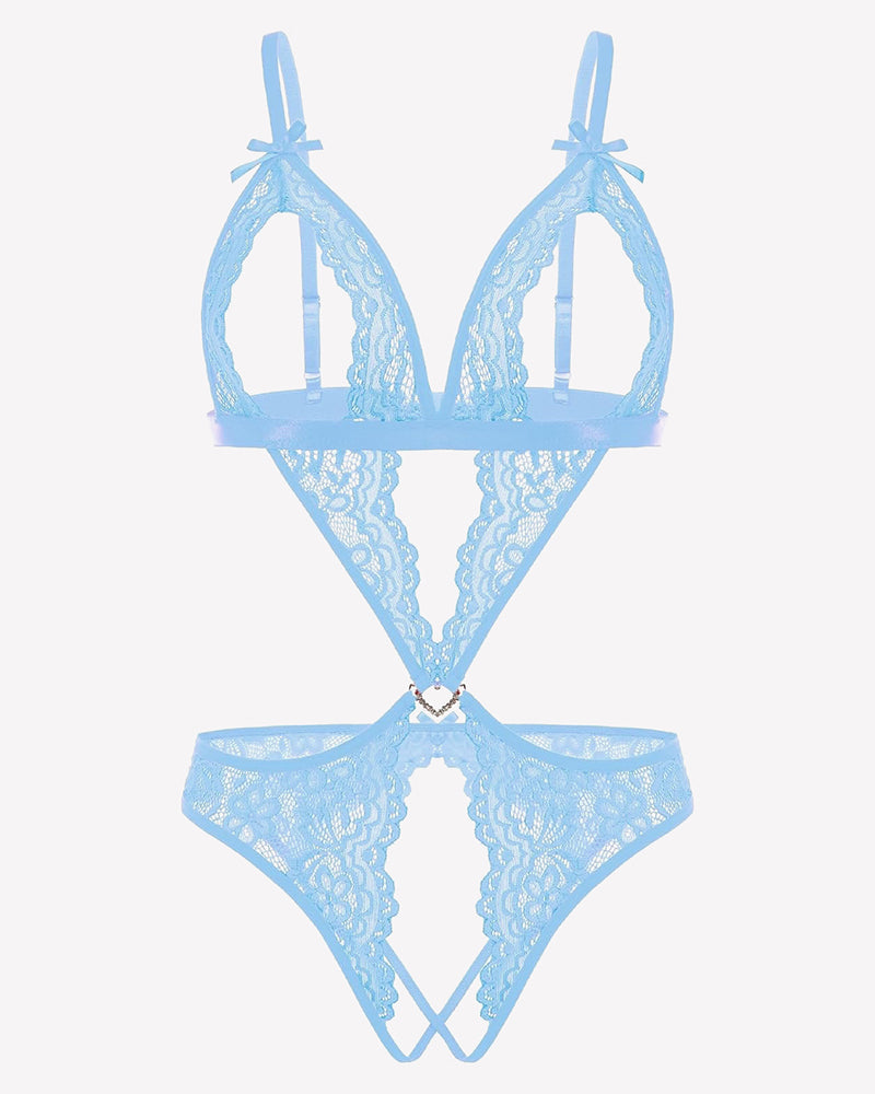 Lace Deep V Teddy Bodysuit Light Blue Lingeries-Bodysuits - Tophatter Daily Deals