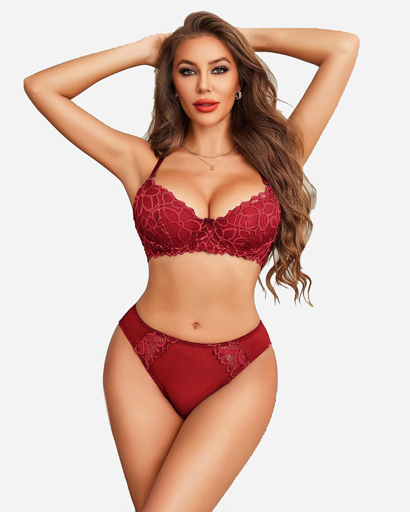 Lace Bra and Panty Sets Underwear Wine Red Lingerie Sets-Bra Sets - Tophatter Daily Deals