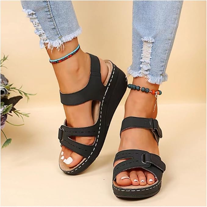 Supportive Orthopedic Sandals for Women – Gel Cushion, Adjustable Fit – Black Orthopedic Sandals - Tophatter Daily Deals