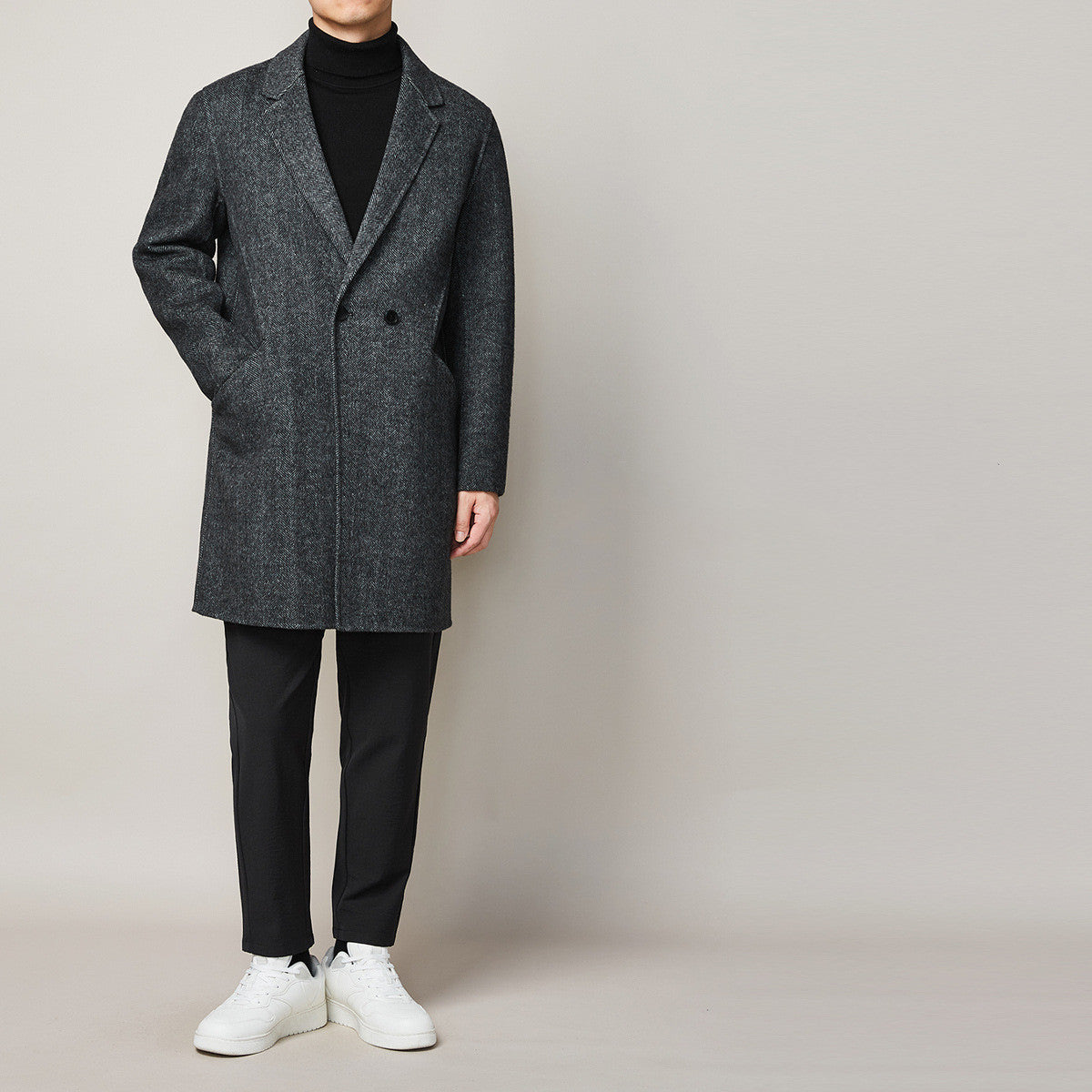 Warm Refined Men Wool Overcoat - Mid Thigh Trench Coat Black grey 3D Changing Face Moving Picture Frame - Tophatter Daily Deals