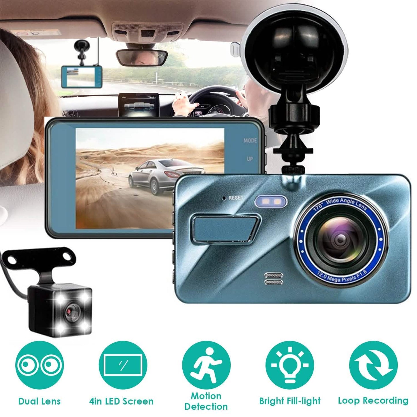 720P Dual Dash Car Camera Recorder with Motion Detection Light Automotive - Tophatter Daily Deals