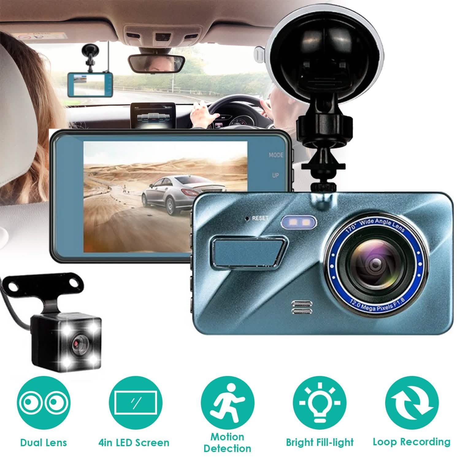 720P Dual Dash Car Camera Recorder with Motion Detection Light Automotive - Tophatter Daily Deals