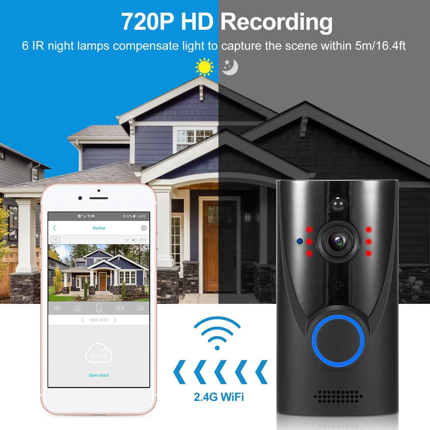 720P HD WiFi Video Doorbell Smart Home & Security - Tophatter Daily Deals