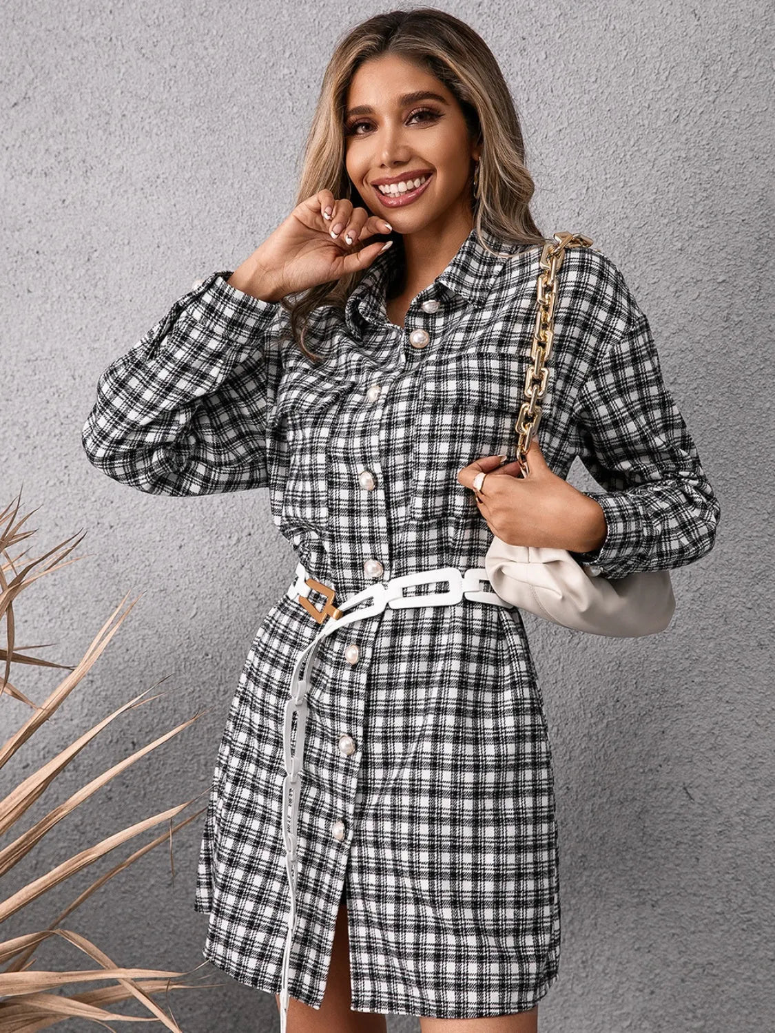 Pocketed Plaid Long Sleeve Mini Dress Casual Dresses - Tophatter Daily Deals