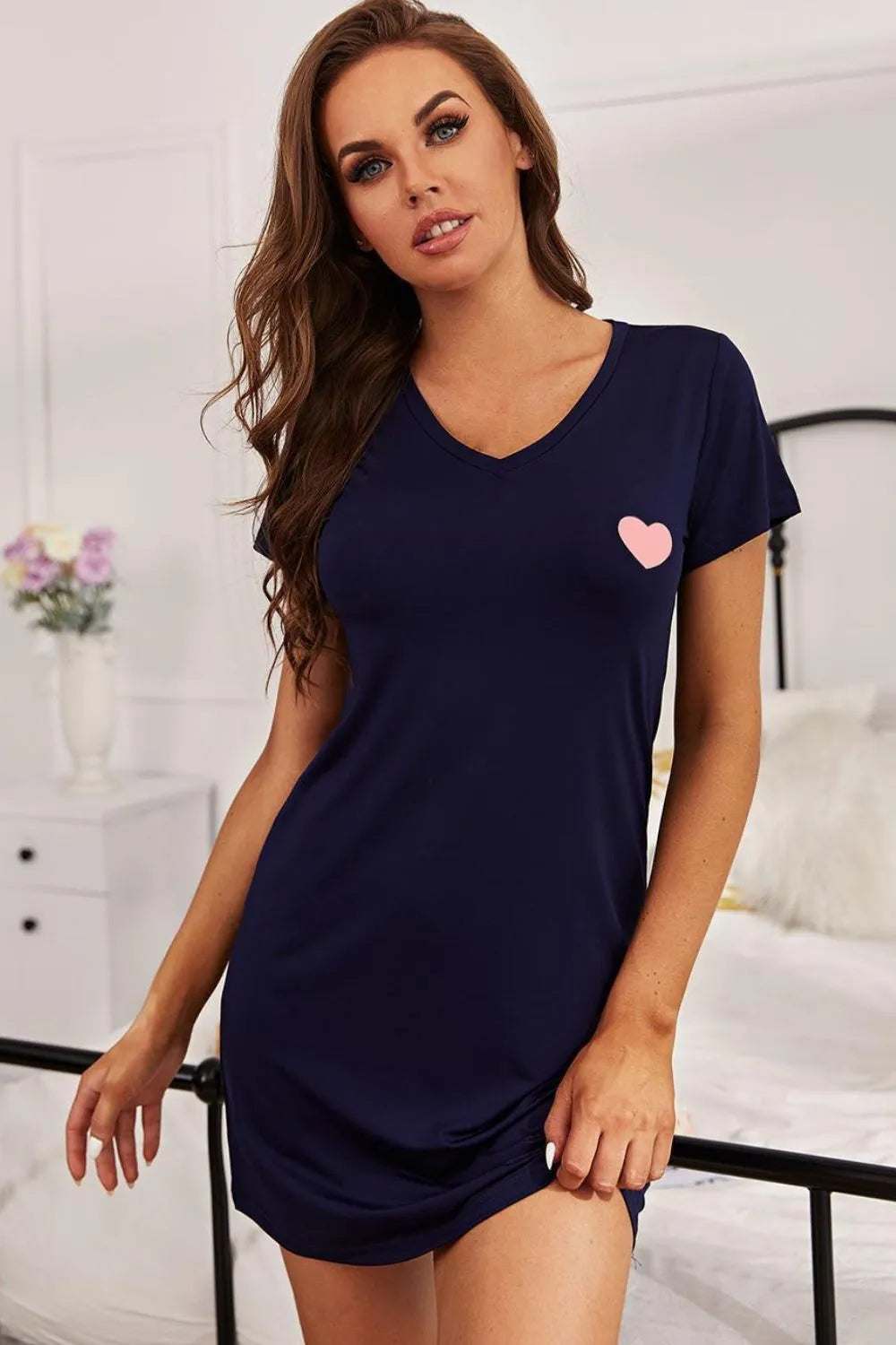 Heart Graphic Short Sleeve Night Dress Dark Navy Sleep Dresses - Tophatter Daily Deals