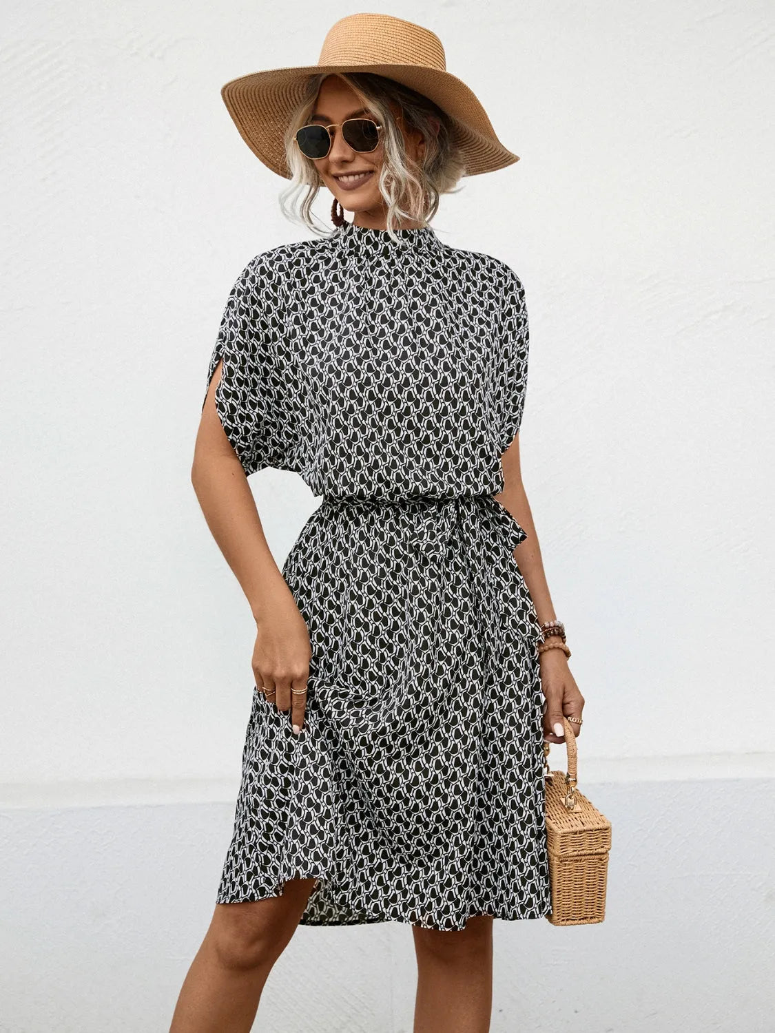 Tied Printed Mock Neck Short Sleeve Dress Black Casual Dresses - Tophatter Daily Deals