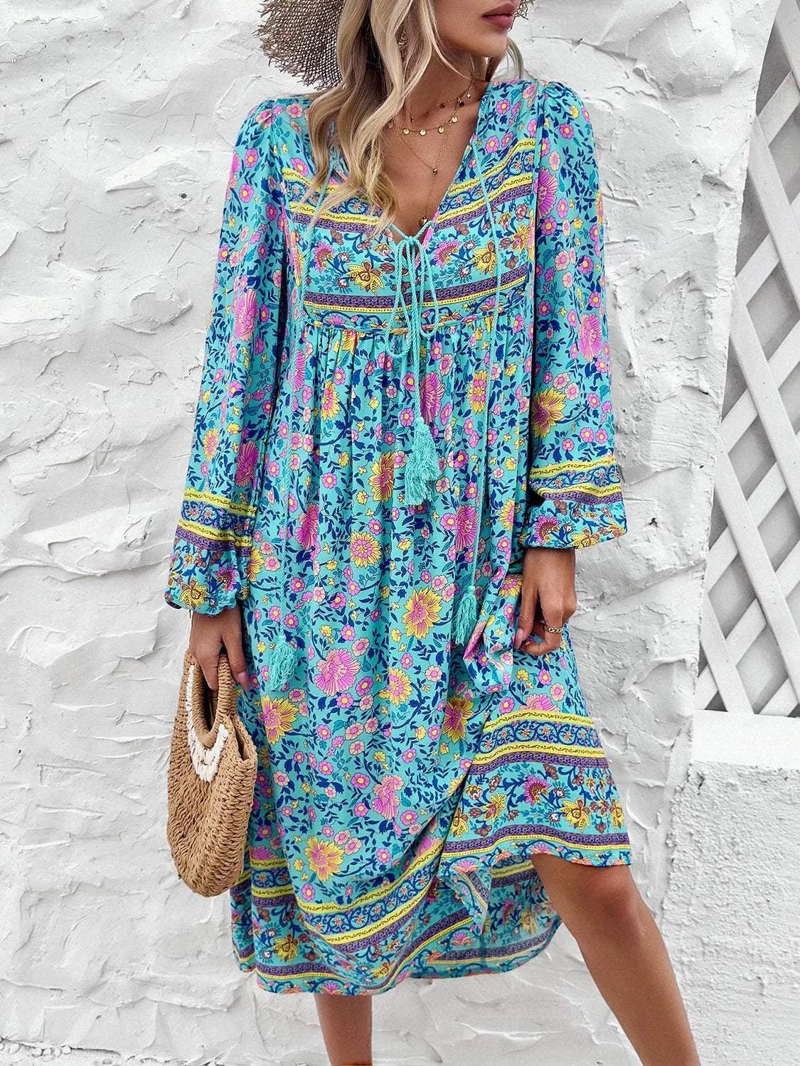 Tassel Tied Printed Long Sleeve Dress Casual Dresses - Tophatter Daily Deals