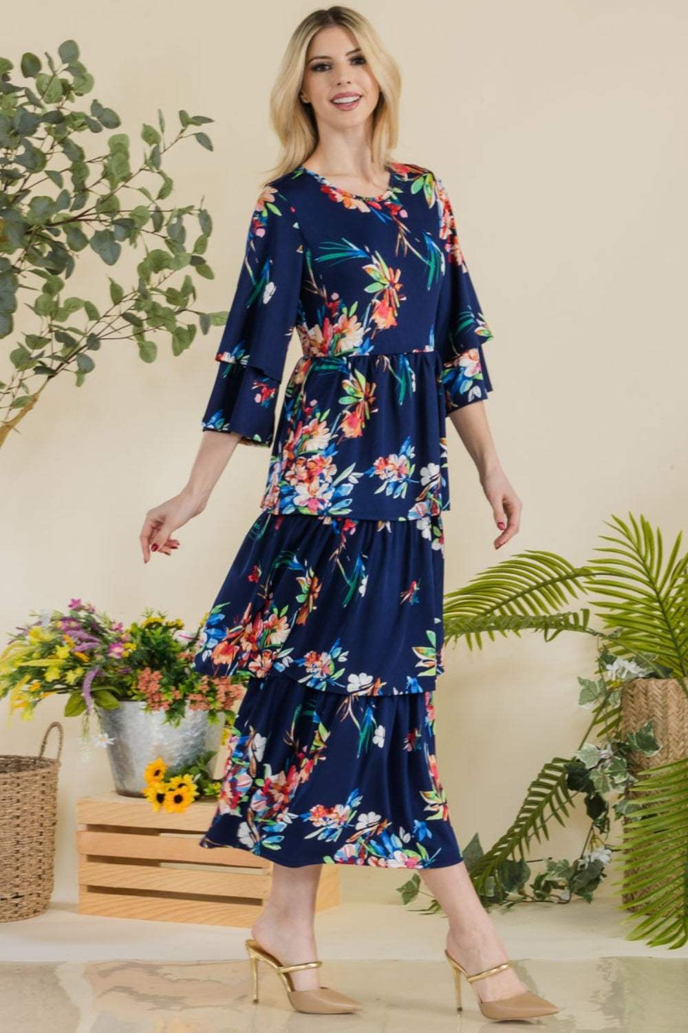 Celeste Full Size Floral Ruffle Tiered Midi Dress Casual Dresses - Tophatter Daily Deals