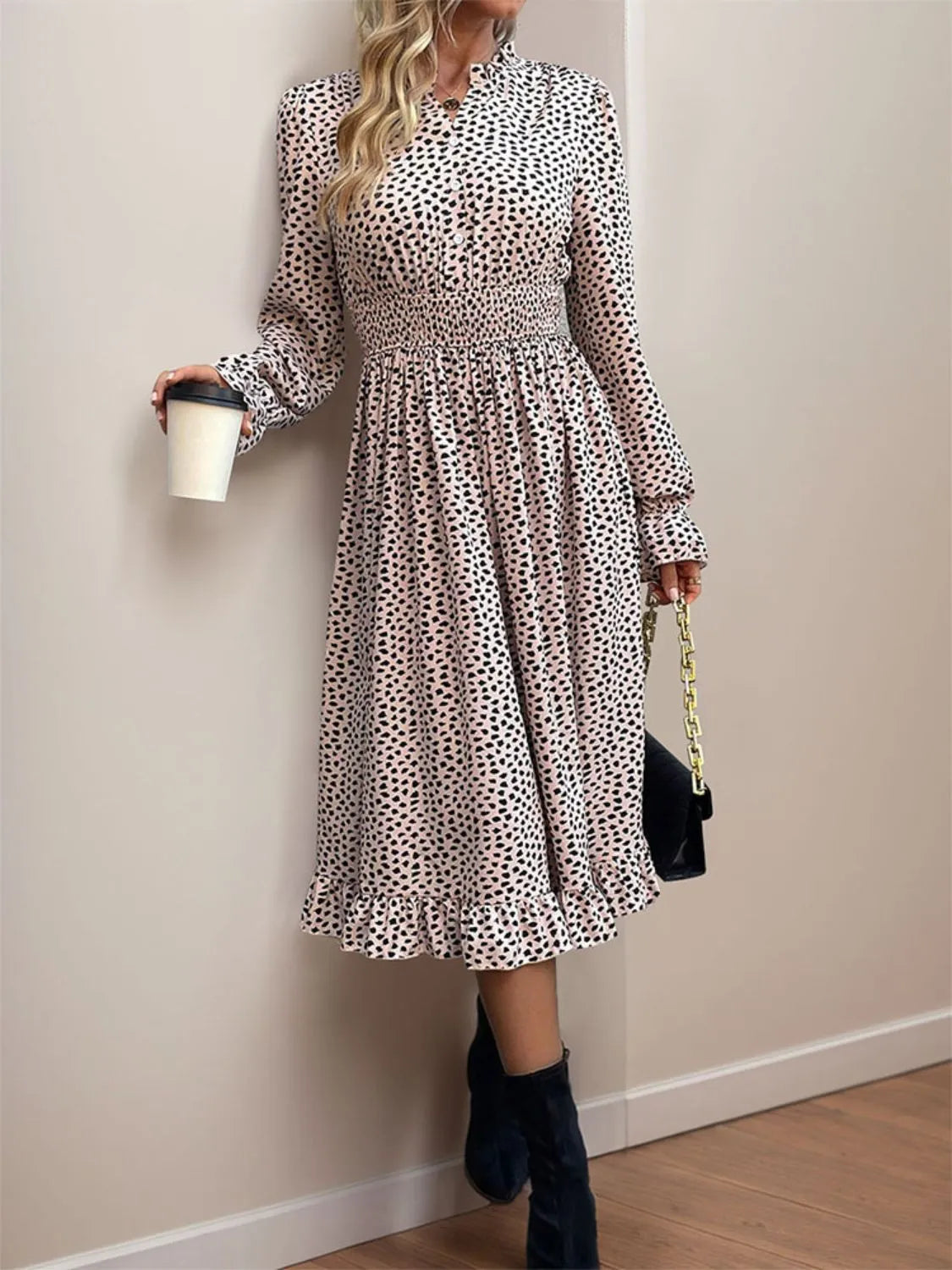 Ruched Ruffled Leopard Long Sleeve Dress Casual Dresses - Tophatter Daily Deals