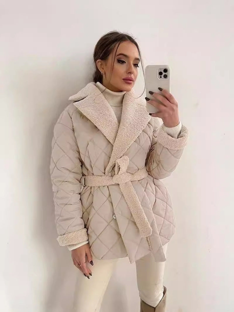 Warm Womens Coat - Quilted Sherpa Lapel, Belted Winter 3D Changing Face Moving Picture Frame - Tophatter Daily Deals
