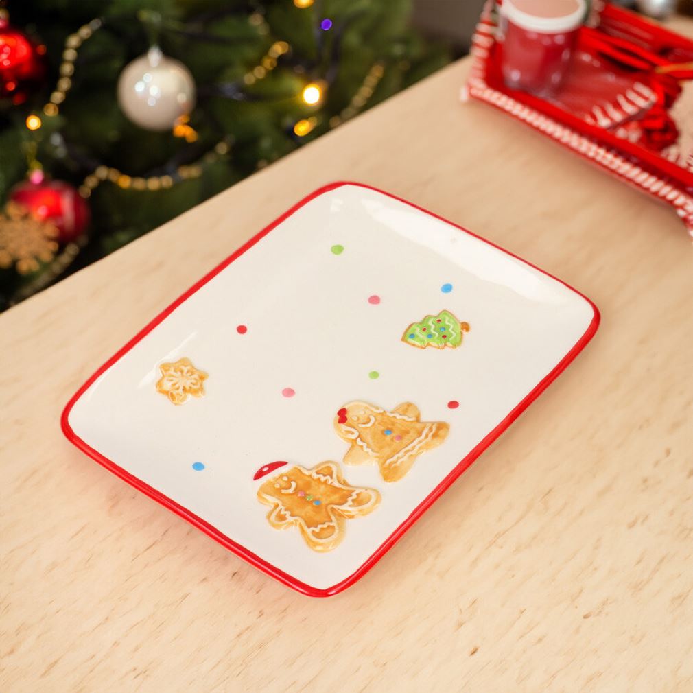 Ceramic Christmas Gingerbread Plate | Rectangle Christmas Snack Plate - 20x15cm Plate - Tophatter Daily Deals