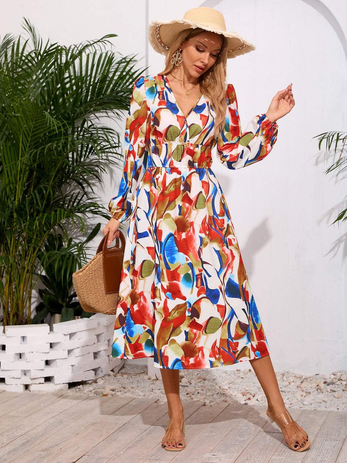 Printed Surplice Long Sleeve Midi Dress Casual Dresses - Tophatter Daily Deals