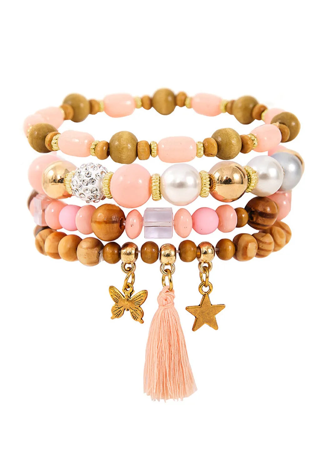 Pink 4Pcs Butterfly Star Pendant Tassel Beaded Bracelet Set Bracelets - Tophatter Daily Deals