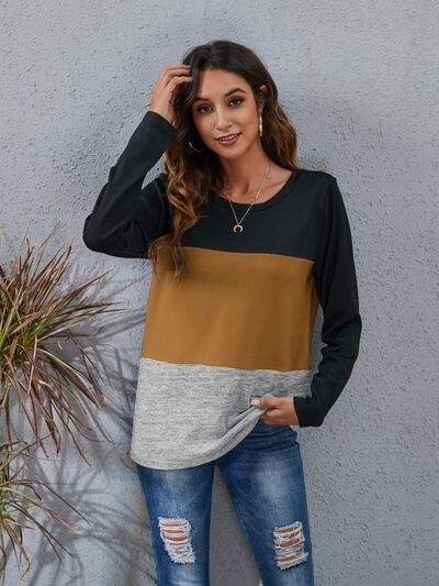 Color Block Round Neck Long Sleeve T-Shirt Taupe Women's T-Shirts - Tophatter Daily Deals