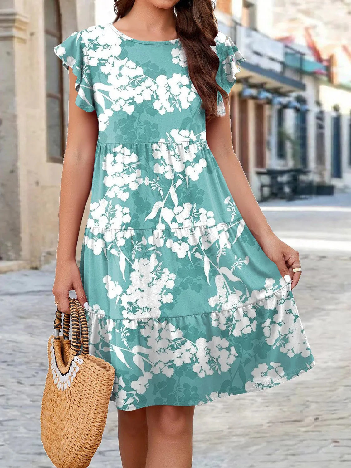 Printed Round Neck Tiered Dress Turquoise Casual Dresses - Tophatter Daily Deals