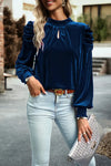 Tie Up Mock Neck Velvet Fabric Long Sleeve Blouse Navy XL Blouses - Tophatter Daily Deals