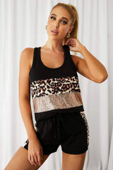 Leopard Sequin Panel Tank Top and Shorts Set Black Loungewear Sets - Tophatter Daily Deals
